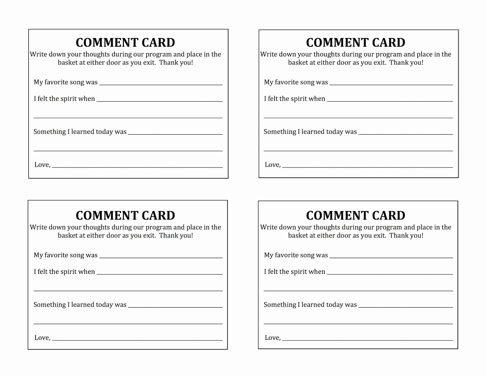 Restaurant Comment Card Template New Camille S Primary Ideas Primary Program 2015 Program