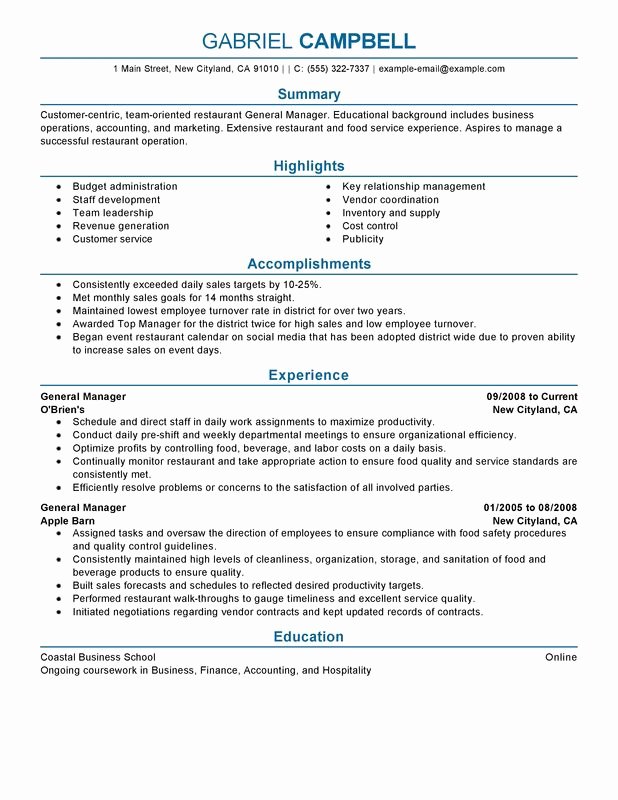 Restaurant Manager Resume Template Awesome Restaurant General Manager Resume Examples Free to Try