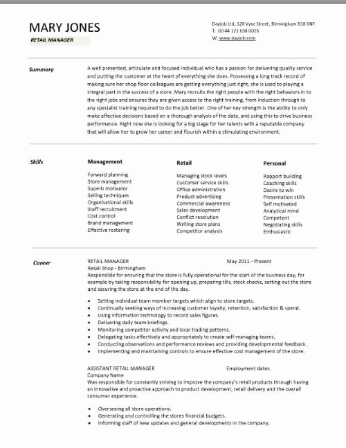 Retail Manager Resume Template New Retail Cv Template Sales Environment Sales assistant Cv