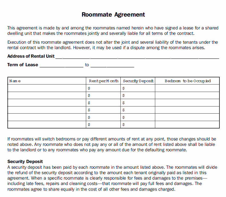 Roommate Rental Agreement Template Luxury Printable Sample Roommate Agreement Template form