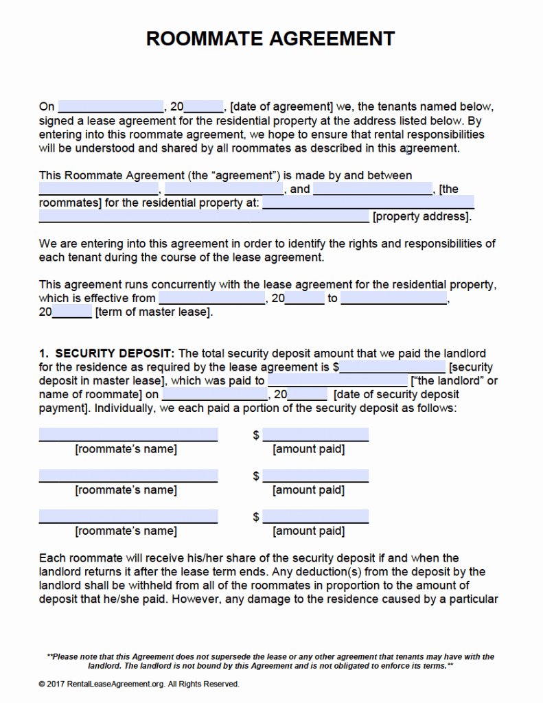 Roommate Rental Agreement Template Unique Free Roommate Agreement Template form – Adobe Pdf – Ms Word