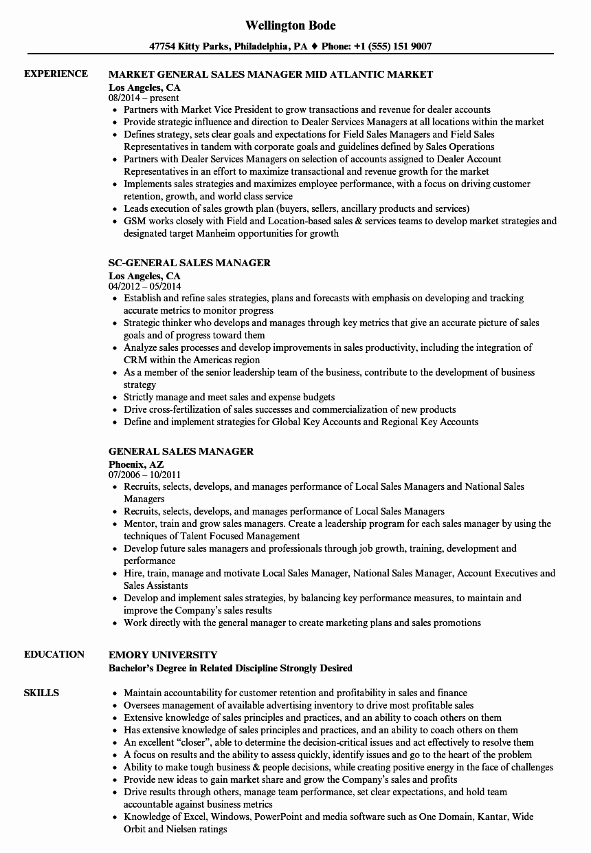 Sales Manager Resume Template Inspirational General Sales Manager Resume Samples