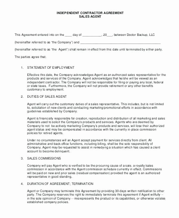 Sales Rep Agreement Template Fresh Agent Contract Agreement Sample Sales form Representative