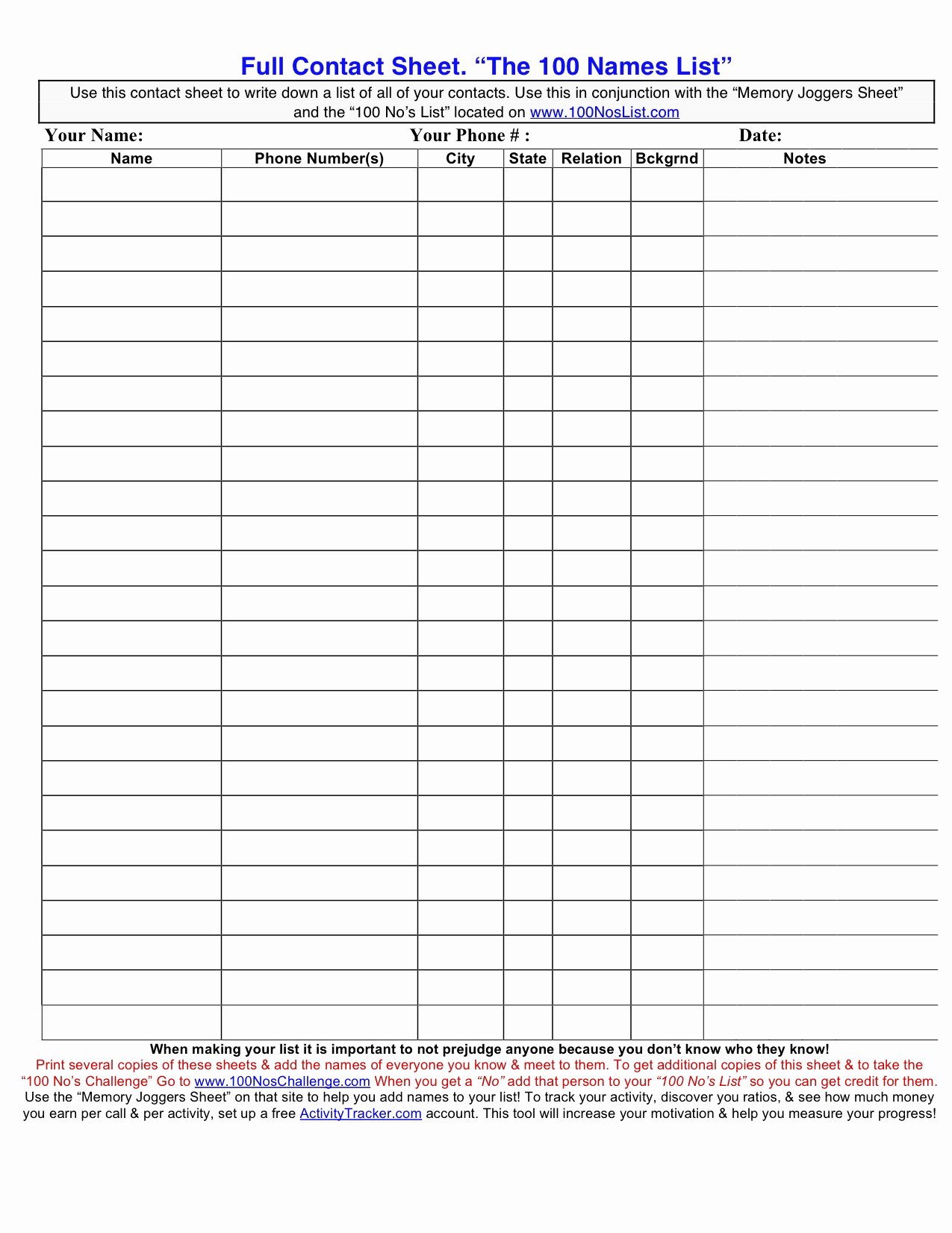 Sales Sheet Template Free Awesome the 100 No’s List and Challenge