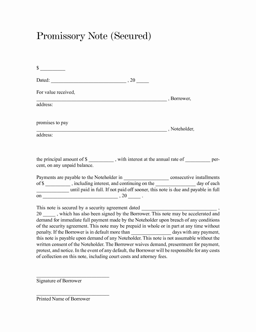 Secured Promissory Note Template Lovely Blank and Fill Able Secured Promissory Note form Sample
