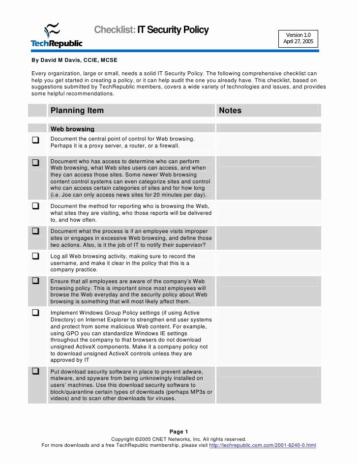Security assessment Plan Template Fresh Security Policy Checklist