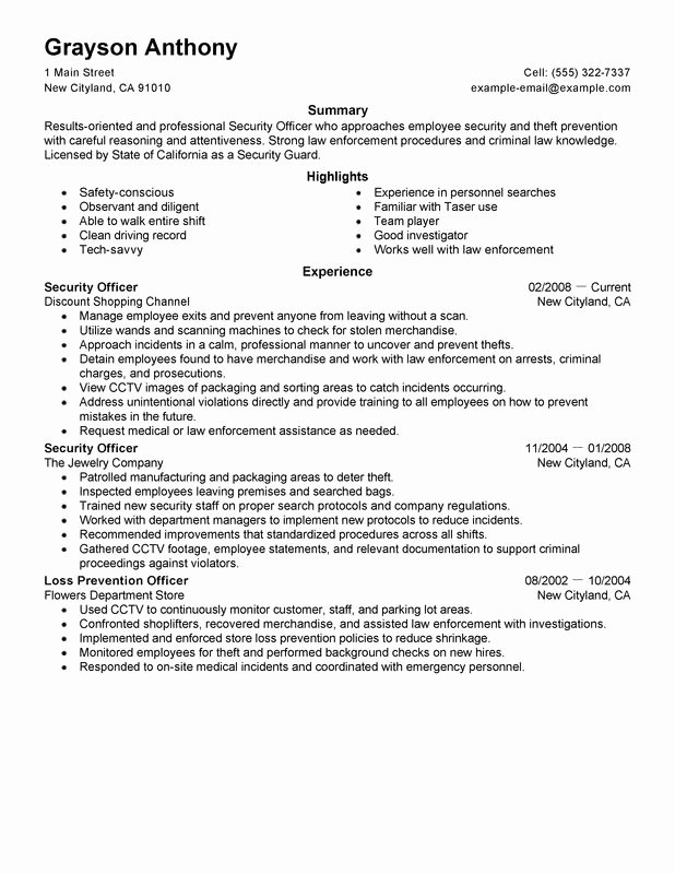 Security Guard Resume Template Fresh Security Ficers Resume Examples – Free to Try today