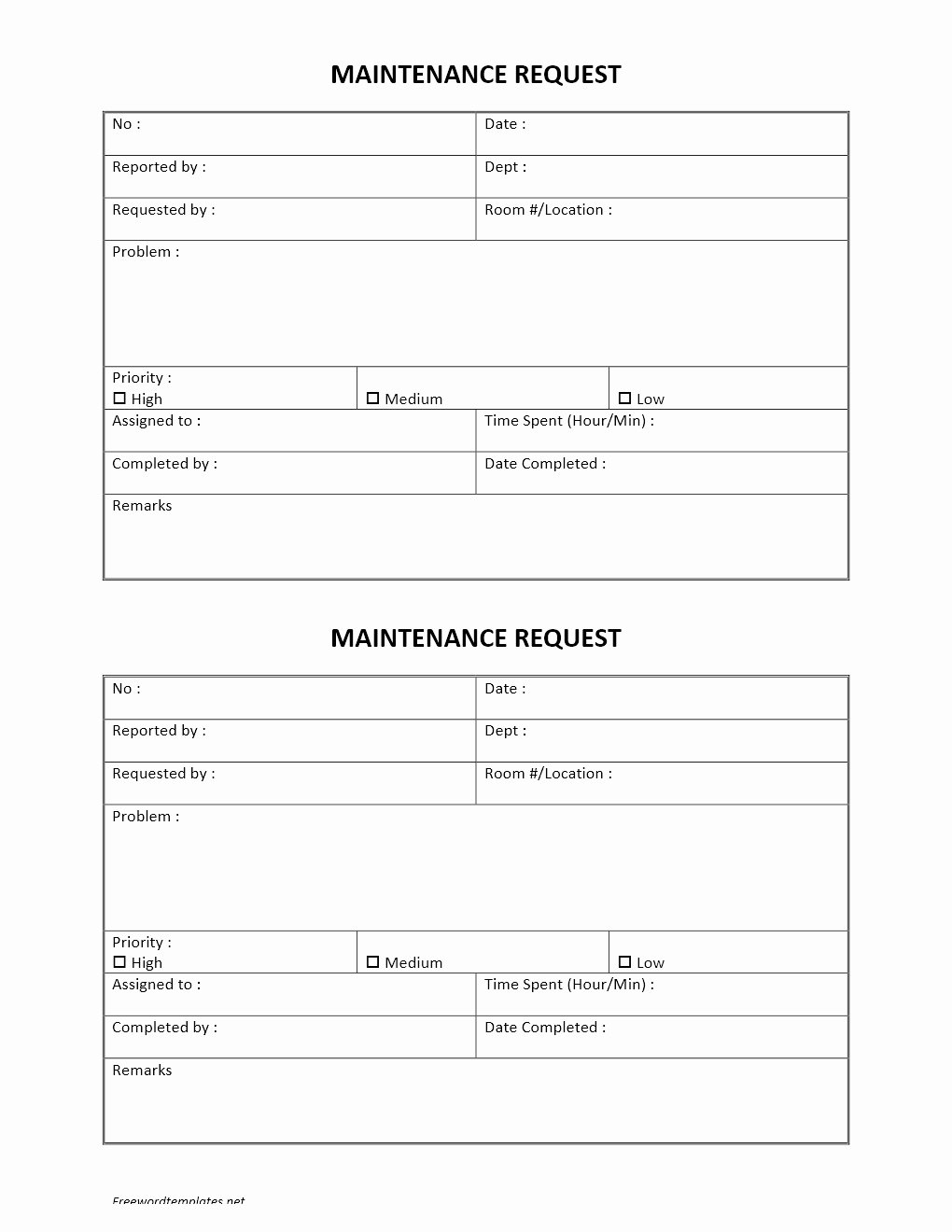 Service Request form Template New Hotel Maintenance Request form