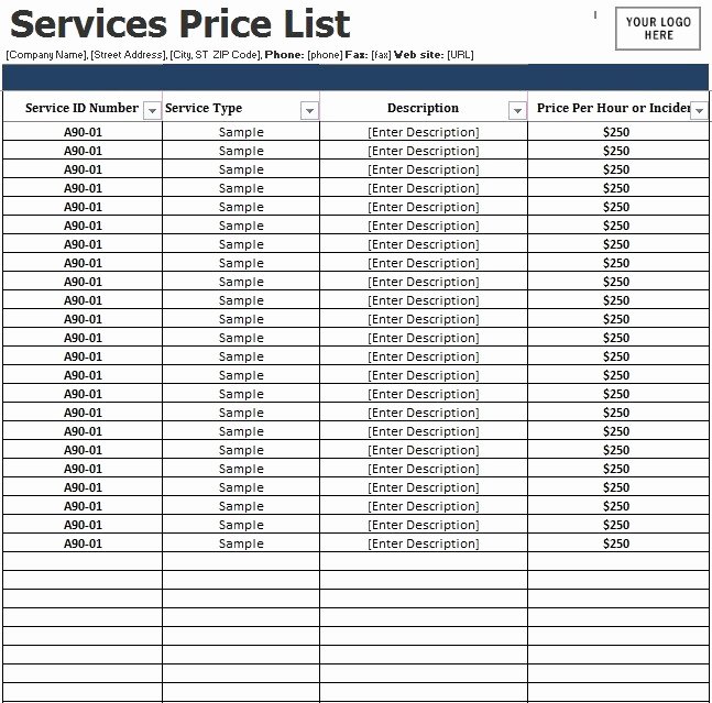 service price list templates