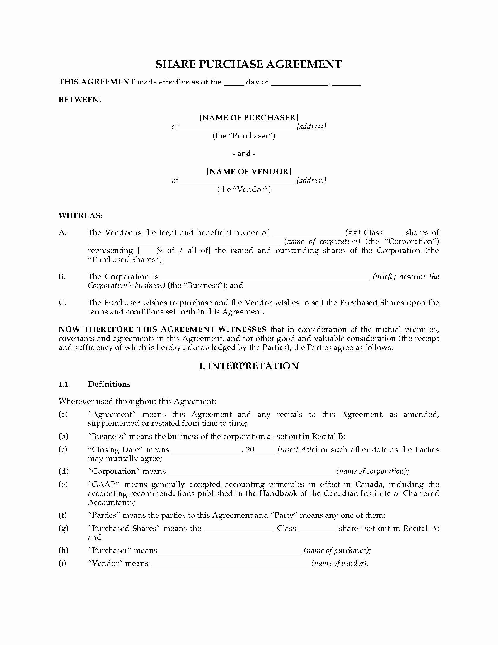 Share Purchase Agreement Template Inspirational British Columbia Purchase Agreement