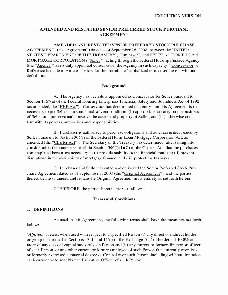 Share Purchase Agreement Template Lovely Amended and Restated Treasury Preferred Stock Purchase