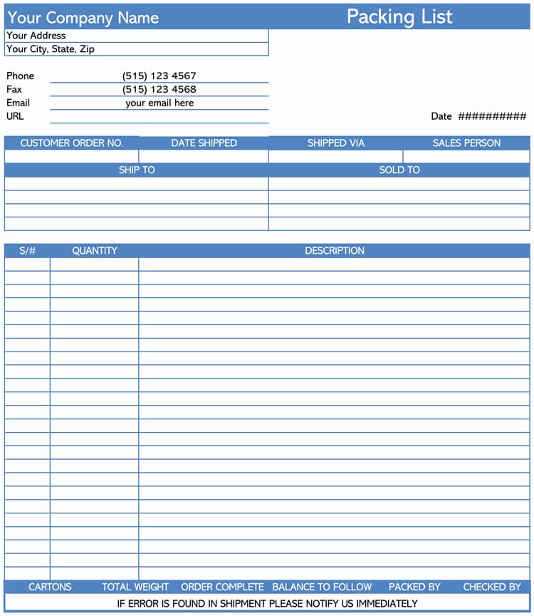 shipping packing list template