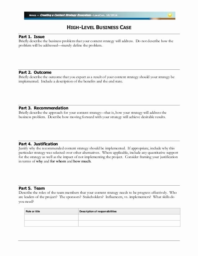 Short Business Case Template New Business Case Template for Lavacon &quot;creating A Content
