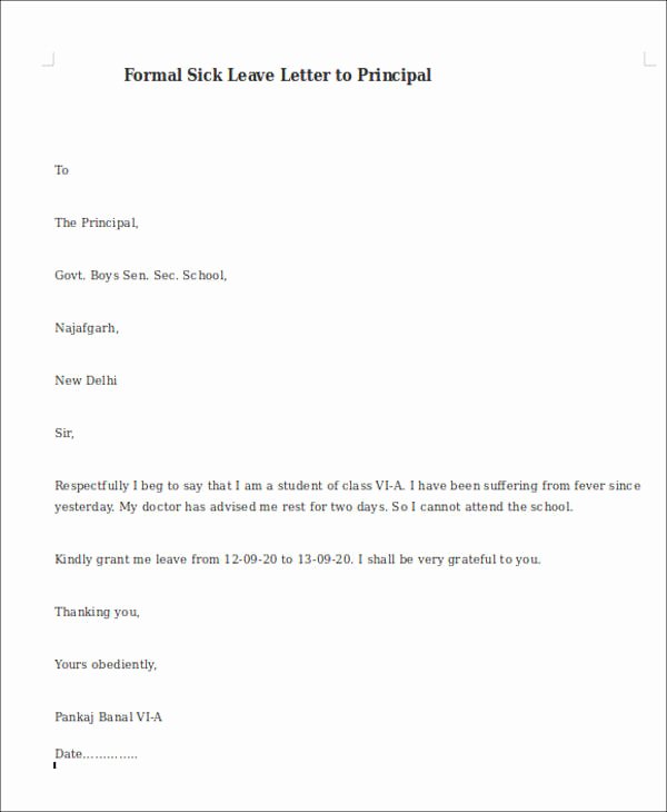 Sick Leave form Template Beautiful 6 formal Sick Leave Letters – Pdf Word