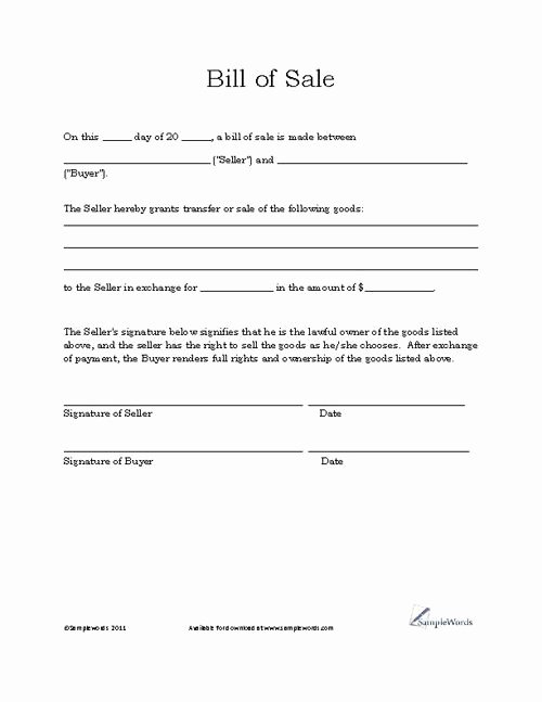Simple Sales Agreement Template Inspirational Basic Bill Of Sale Template Printable Blank form