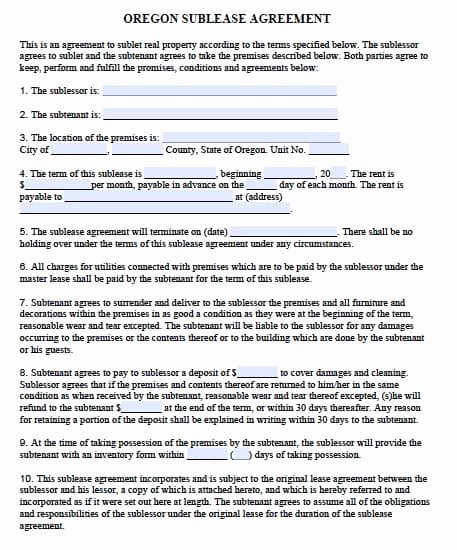Simple Sublease Agreement Template New Free oregon Sublease Agreement Template – Pdf – Word