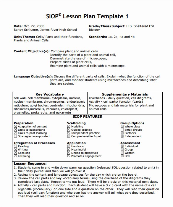 Siop Lesson Plan Template Best Of 9 Siop Lesson Plan Templates
