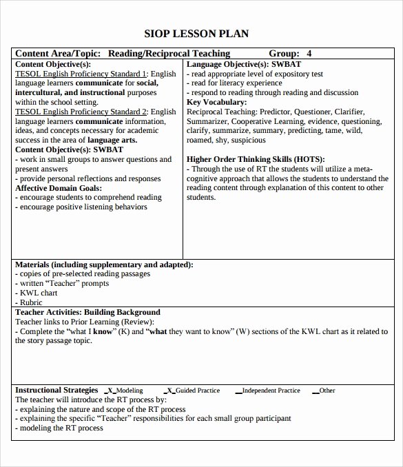 Siop Lesson Plan Template New 9 Siop Lesson Plan Templates