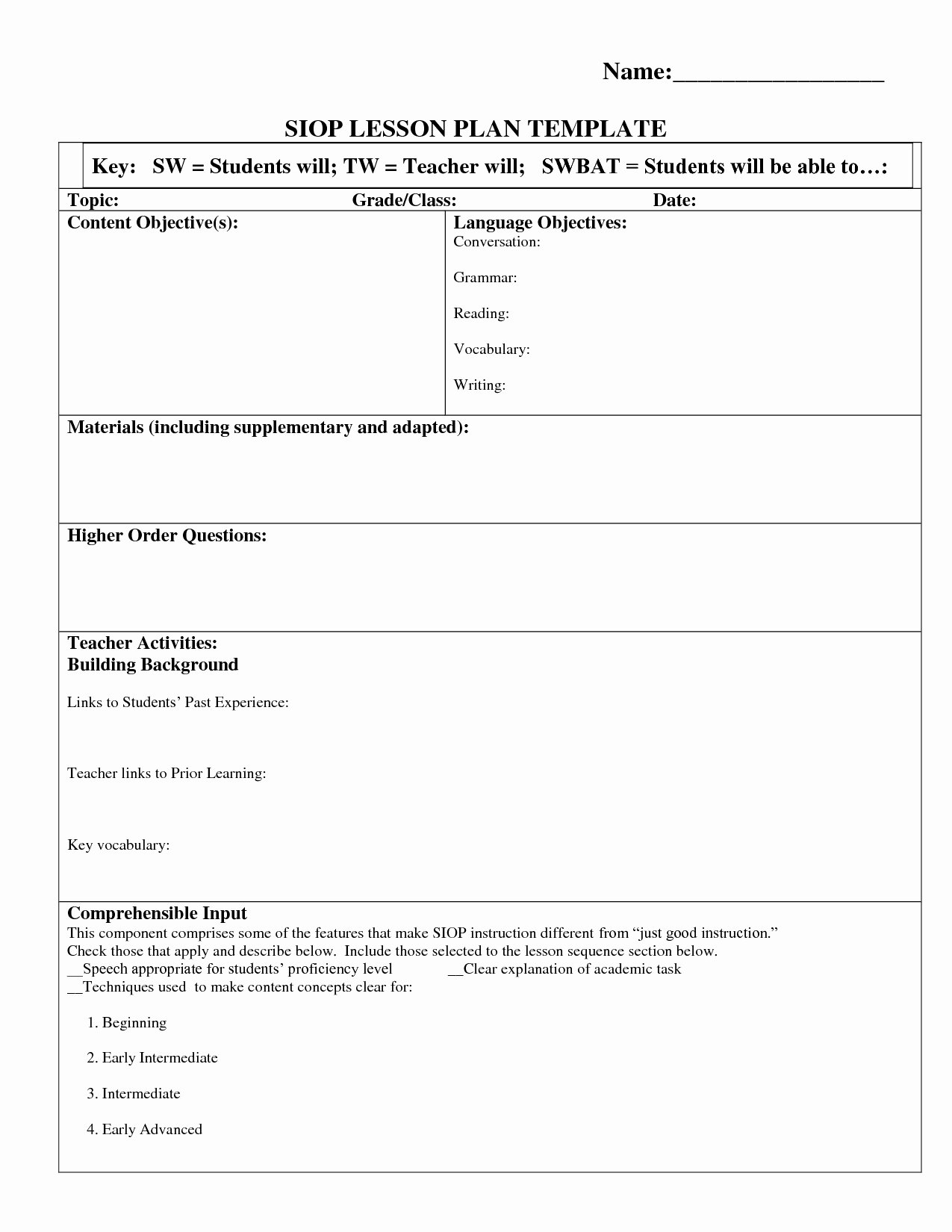 Siop Lesson Plan Template New Siop Lesson Plan Template