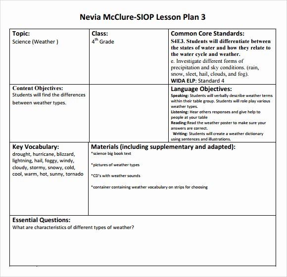 Siop Lesson Plan Template Unique 9 Siop Lesson Plan Samples