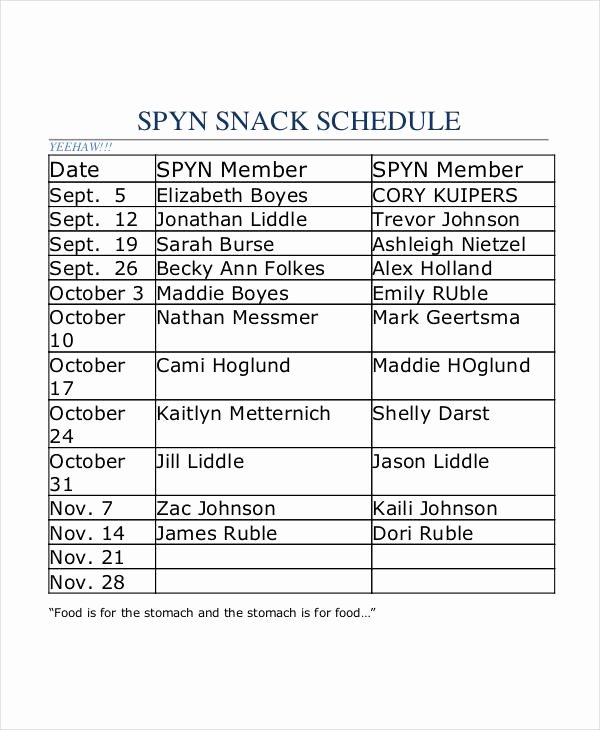 Soccer Snack Schedule Template Awesome 11 Snack Schedule Samples &amp; Templates – Pdf