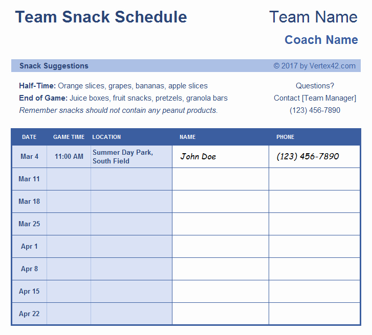 Soccer Snack Schedule Template Awesome Sign Up Sheets Potluck Sign Up Sheet