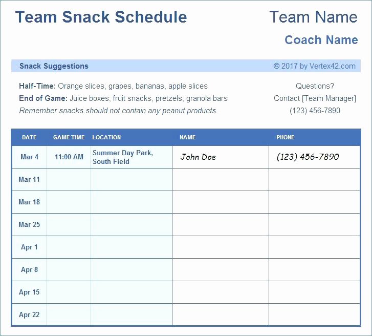 Soccer Snack Schedule Template Elegant Practice Schedule Template Football Game Excel Choice