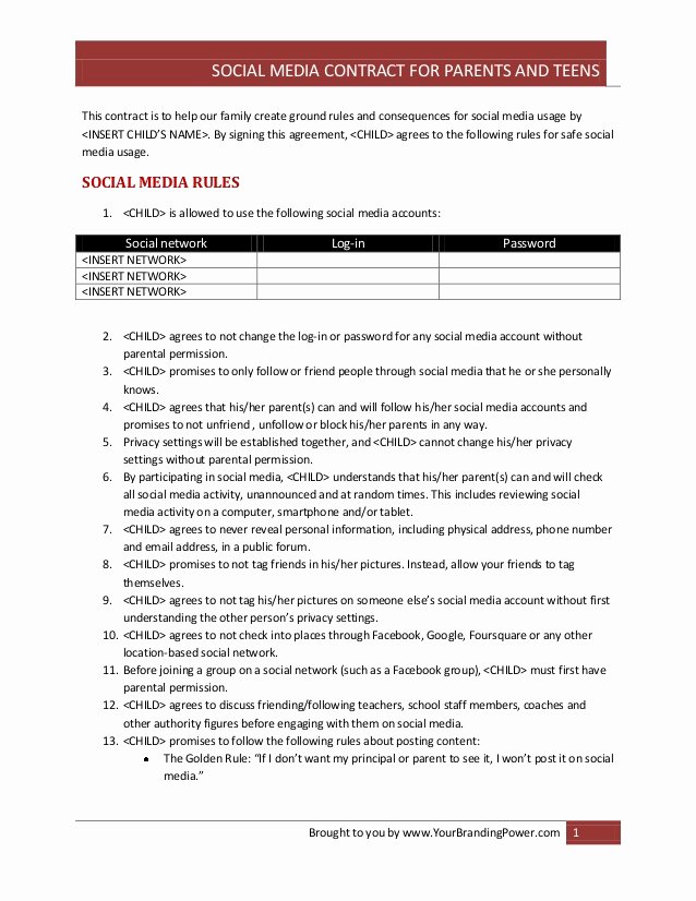 Social Media Contract Template Best Of social Media Contract for Parents and Teens