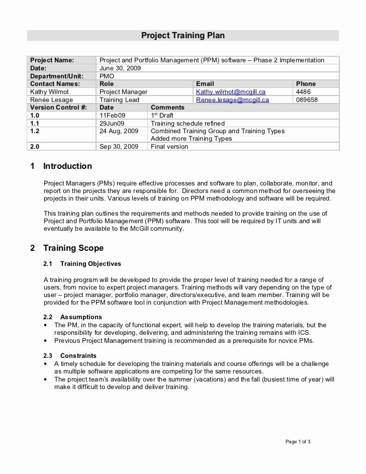 Software Training Plan Template New Project Training Plan Project Name Project and Portfolio