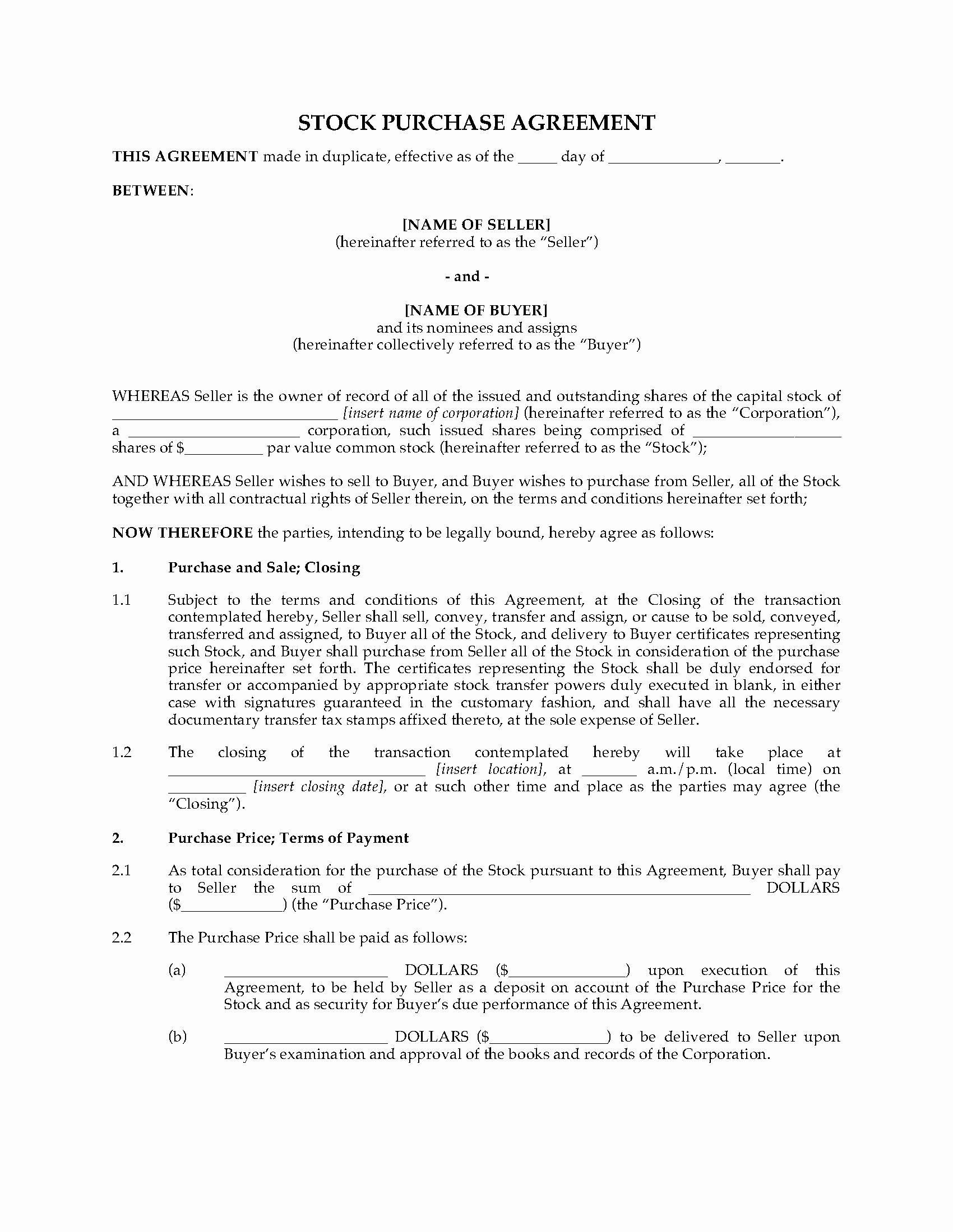 Stock Purchase Agreement Template Best Of Usa Stock Purchase Agreement