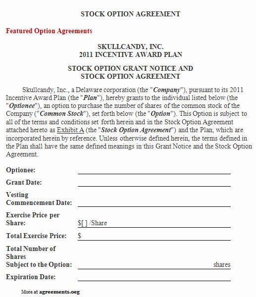 Stock Purchase Agreement Template Elegant Stock Option Agreement Sample Stock Option Agreement Template