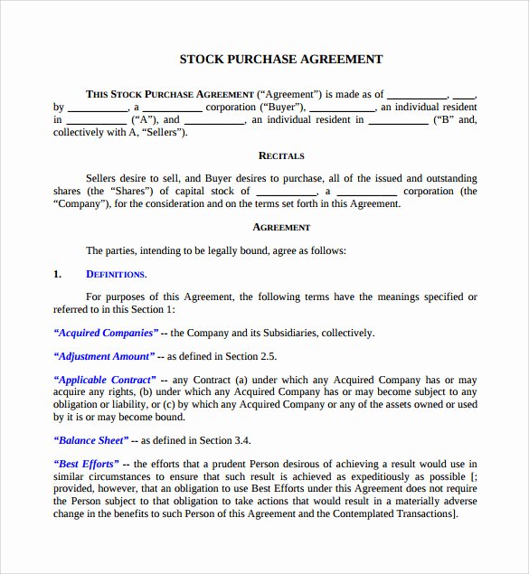 Stock Purchase Agreement Template Inspirational 7 Sample Stock Purchase Agreement Templates to Download