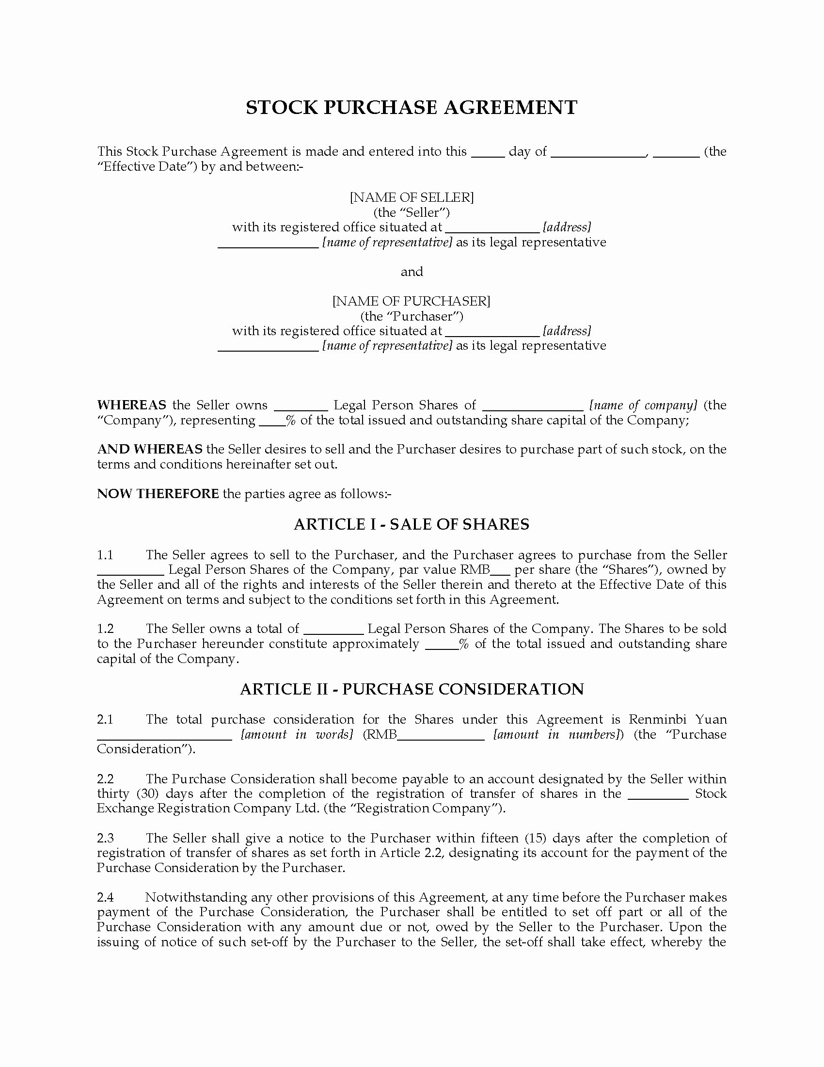Stock Purchase Agreement Template Lovely China Stock Purchase Agreement