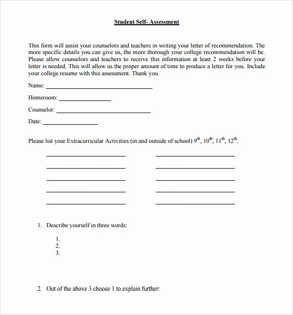 Student Self assessment Template Beautiful Self assessment 9 Download Free Documents In Pdf Excel