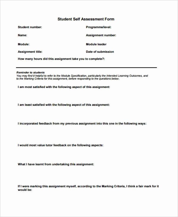 Student Self assessment Template Lovely 34 Sample assessment forms In Pdf