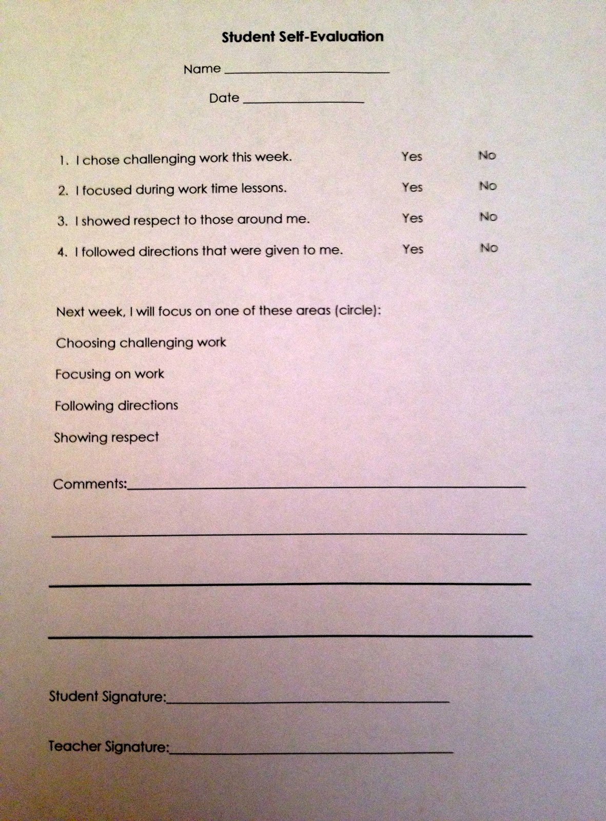Student Self assessment Template New to the Lesson Kindergarten Self Evaluations