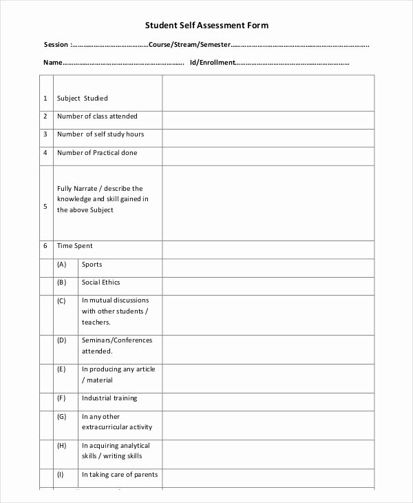 Student Self assessment Template Unique 35 Free assessment forms