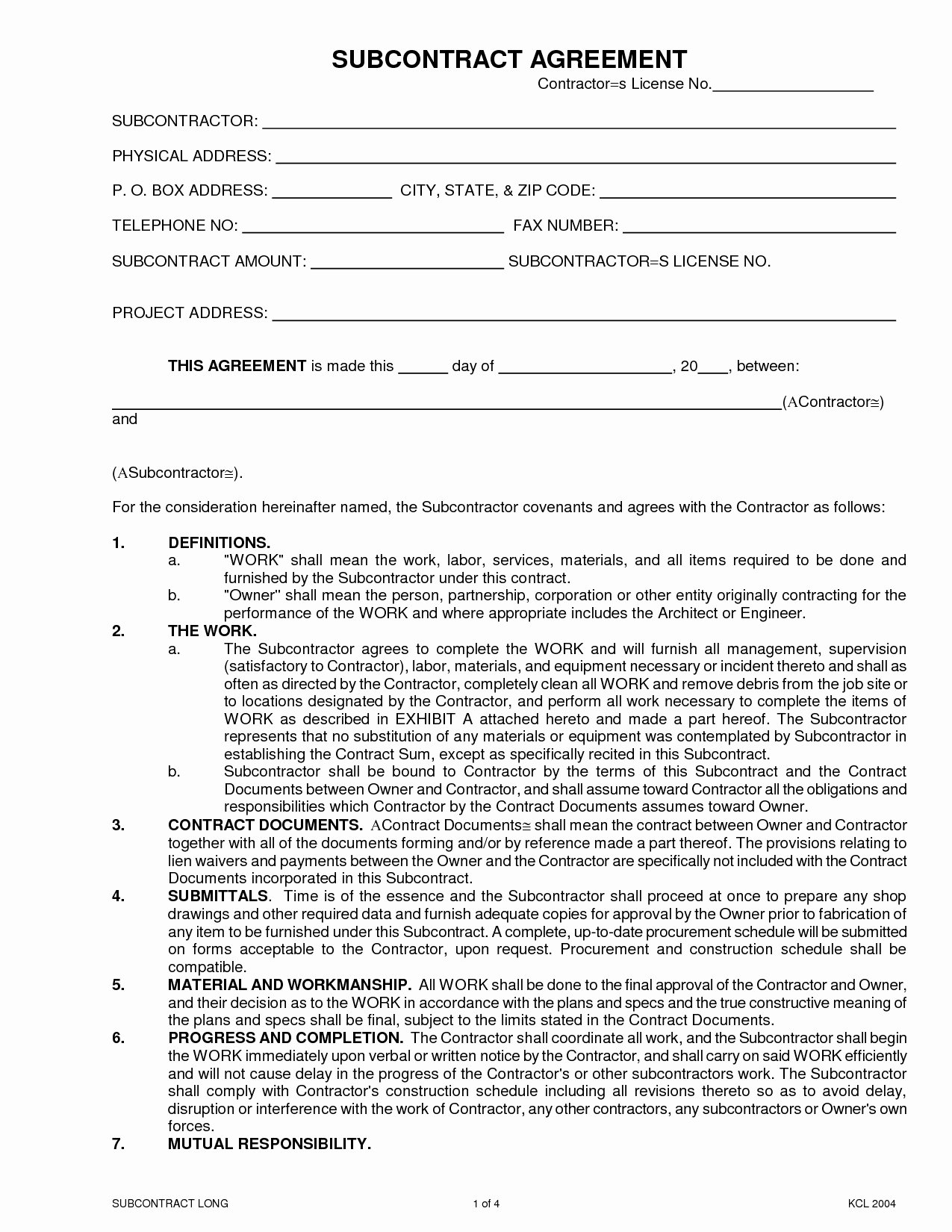 Subcontractor Agreement Template Free Lovely 25 Basic Contractor Subcontractor Agreement form Fe