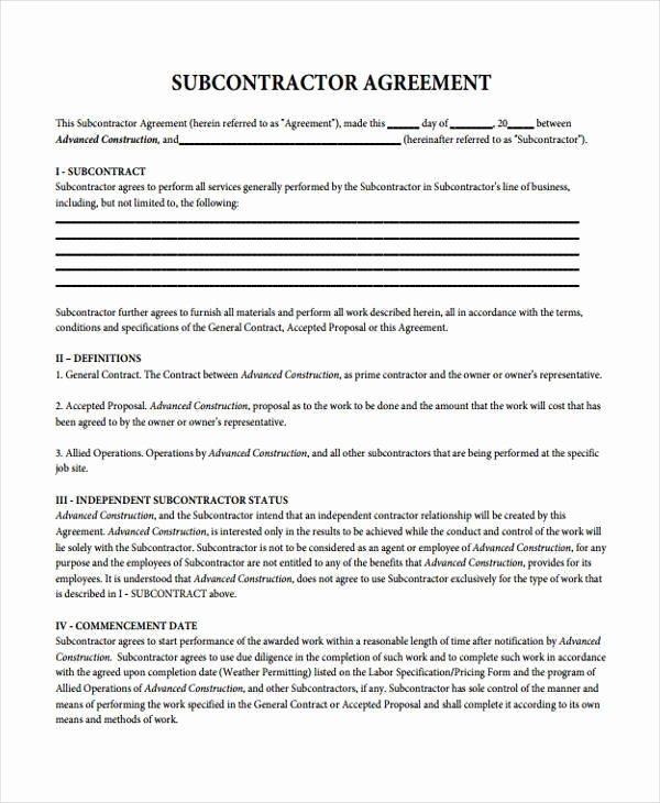 Subcontractor Contract Template Free Awesome Sample Subcontractor Contract forms 7 Free Documents In
