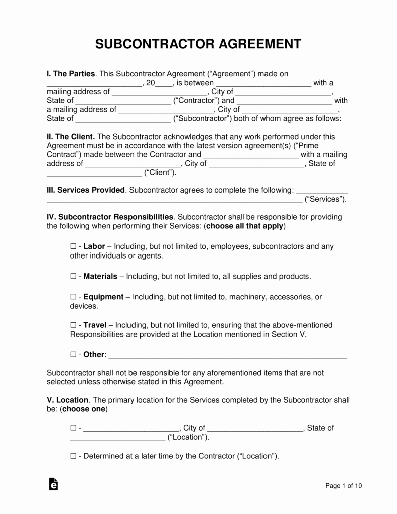 Subcontractor Contract Template Free Lovely Free Subcontractor Agreement Templates Pdf