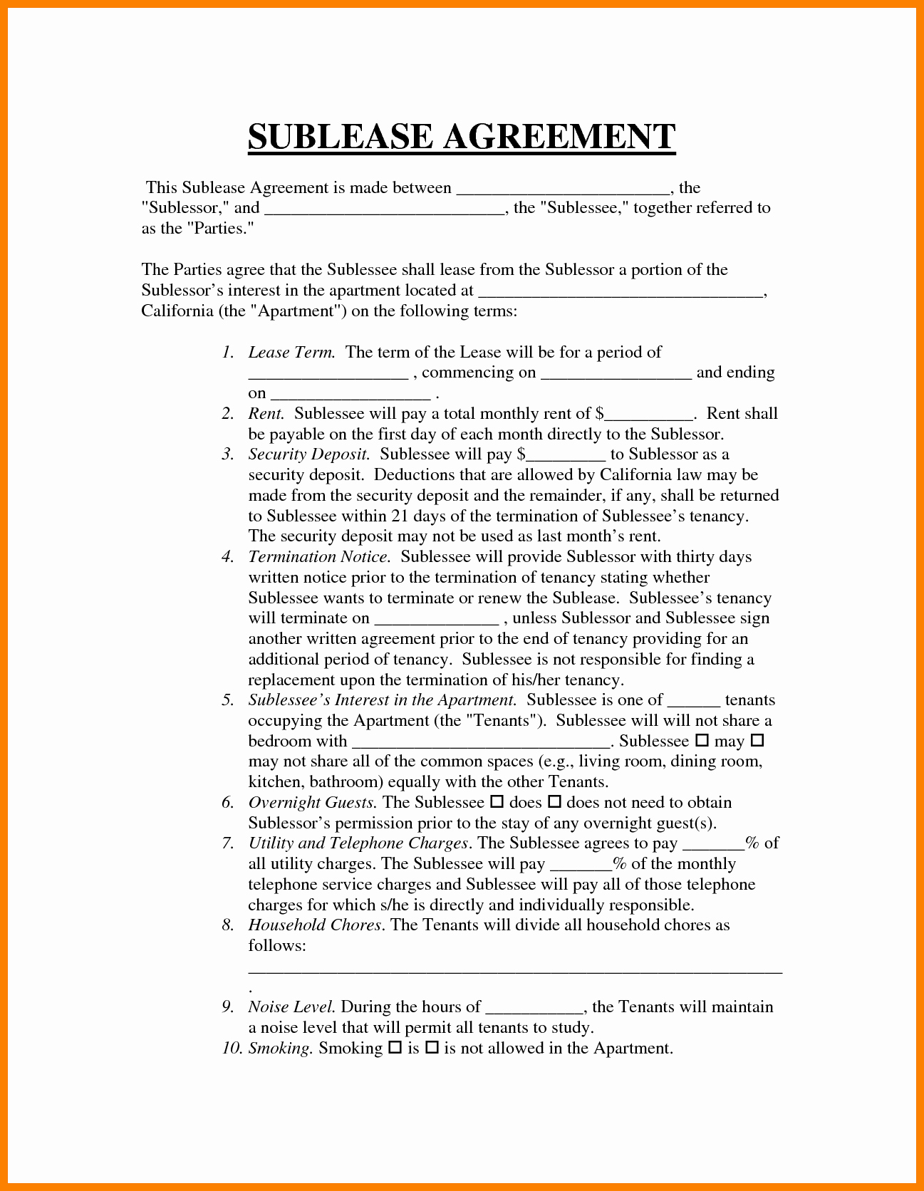Sublease Agreement Template California Awesome Basic Sublet Agreement Portablegasgrillweber