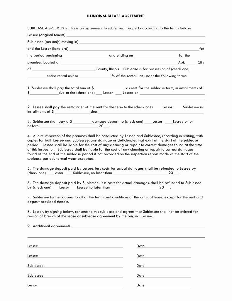 Sublease Agreement Template Free Elegant Free Illinois Sublease Agreement Template Pdf