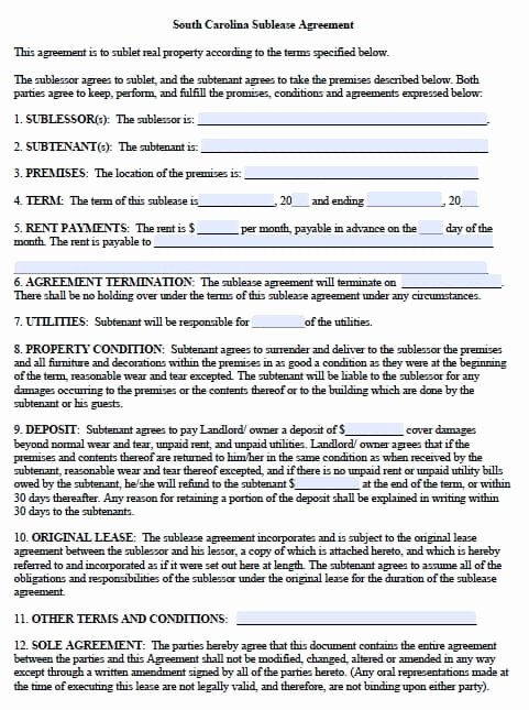 Subletting Lease Agreement Template Luxury Free south Carolina Sublease Agreement form – Pdf Template