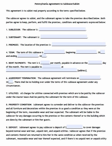 pennsylvania sublease agreement form pdf template