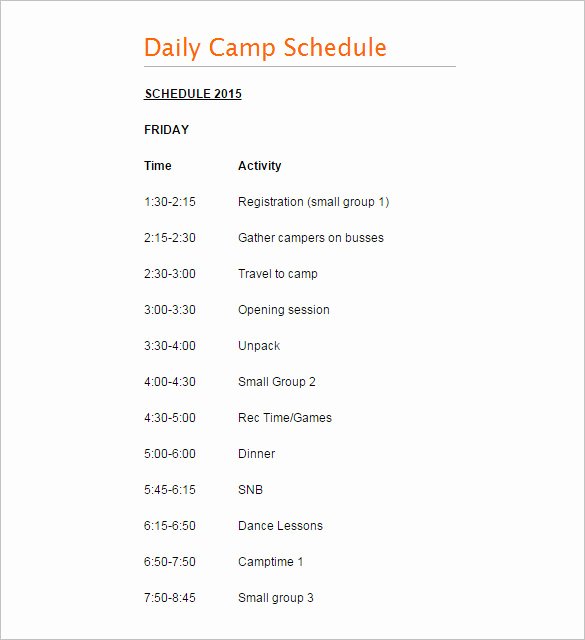 Summer Camp Schedules Template New 9 Camp Schedule Templates Doc Pdf