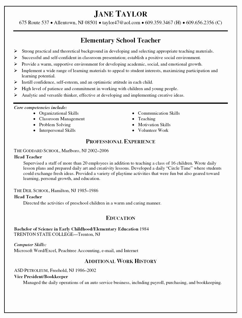 Teacher Curriculum Vitae Template Inspirational Elementary School Teacher Resume Resume