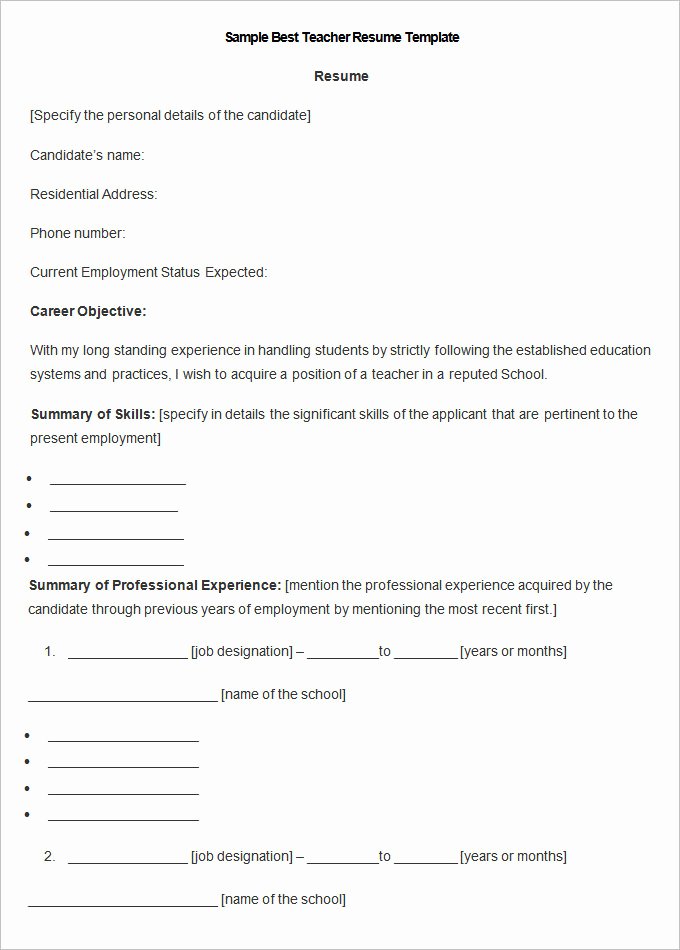 Teacher Resume Template Word Fresh Resume Templates – 127 Free Samples Examples &amp; format