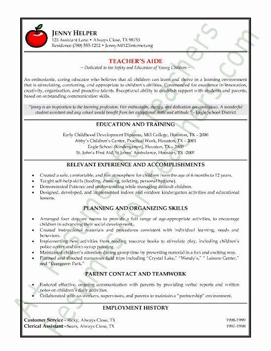 Teaching Resume Template Free New Teacher S Aide or assistant Resume Sample or Cv Example