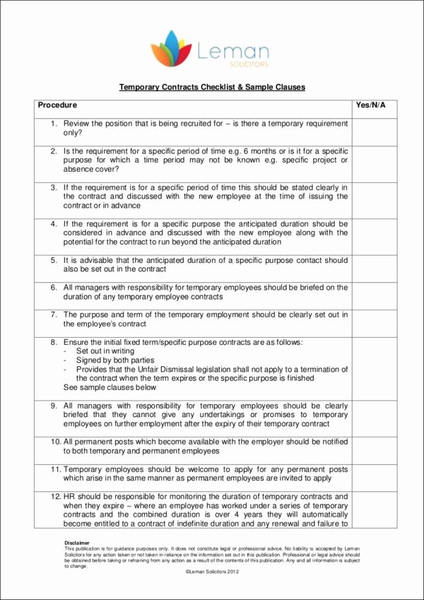 Temporary Employment Contract Template Best Of 18 Contract Checklist Samples &amp; Templates