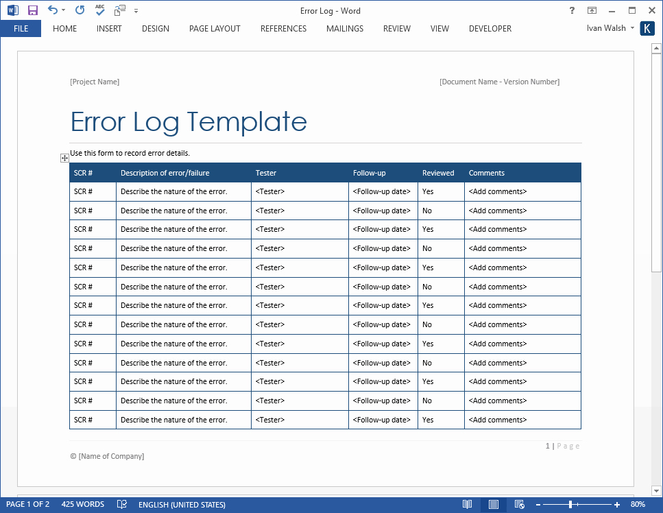 Test Plan Template Word New Error Log Template – Ms Word – software Testing